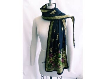 Vintage Scarf Black Silk Stole Smithsonian Institution Gold Floral Baroque