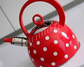 Hungarian Enamel Stainless Steel With Polka Dot Teapot Whistling Kettle 2,5l