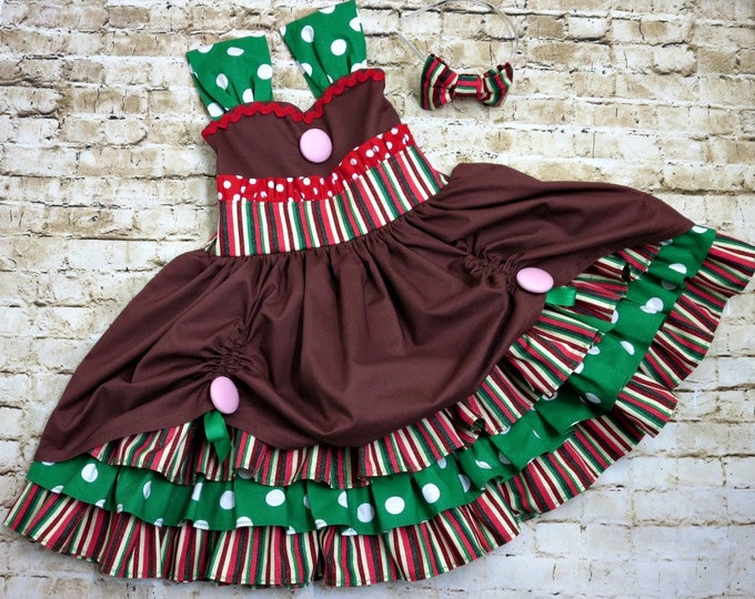 Gingerbread Girl Dress - Toddler Holiday Clothes - Baby Girl Christmas Dress - Hand made Holiday Dress - Christmas Birthday - 6 mo to 8 yrs
