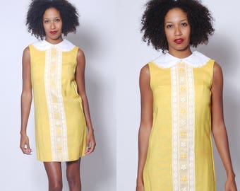 Vintage 60s Yellow Mini Dress LACE Trimmed Dolly Dress Sleeveless Shift Dress LINEN Mod Dress Never Worn