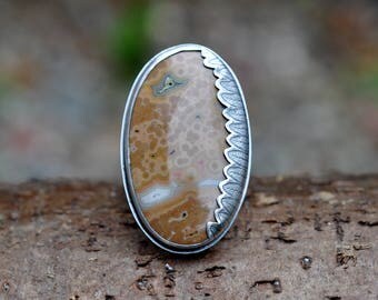 xX 25% SALE Xx Sterling Silver Ocean Jasper Ring, Oxidised Metalwork Ring, Statement Gemstone Ring - Fern Ring in Ocean Jasper