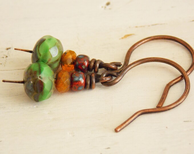 Mixed Rustic Czech Beaded Earrings,Picasso, Stone, Red, Orange, Green Czech Earrings, Oxidized Copper Small Light Woodland Earrings
