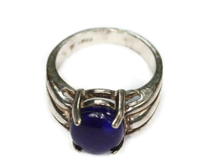 Lapis Glass Cabochon Sterling Modernist Ring Size 7