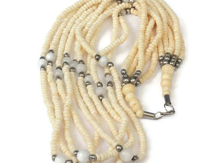 Five Strand Carved Ox Bone Bead Necklace Quartz Beads Tribal Bohemian Vintage