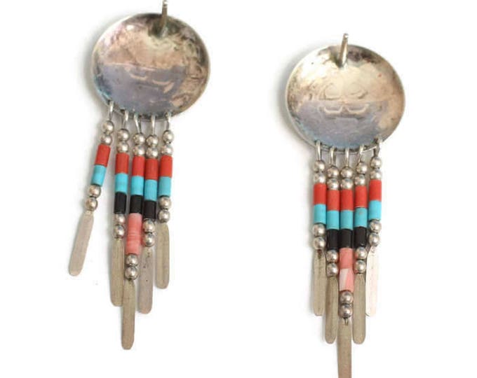 Southwestern Dangle Earrings Sterling Hopi Sun Face Style Turquoise Beads Signed QT Vintage