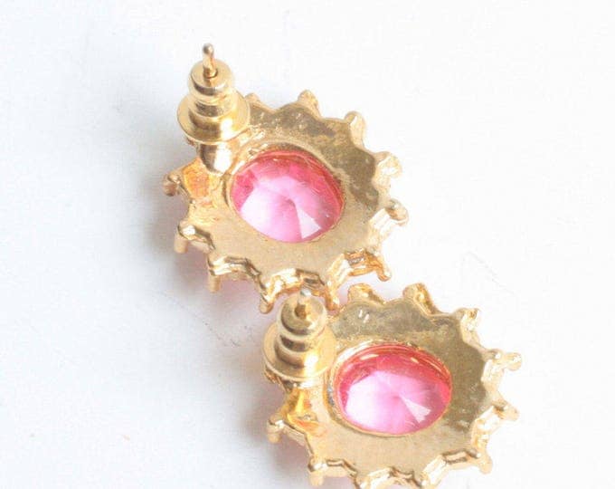 Eisenberg Pink and Clear Rhinestone Earrings Pierced Original Card Faceted Oval Designer