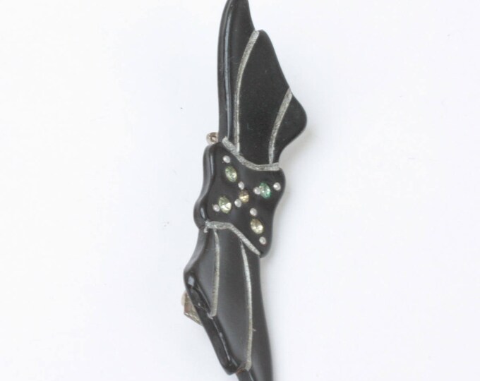 Art Deco Black Celluloid Pin Bow Shape with Rhinestones Etched Design Vintage