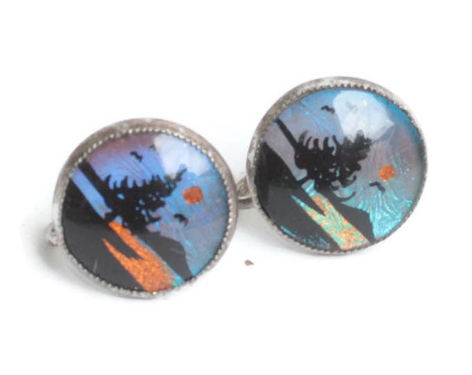 Butterfly Wing Earrings Lake Mountain Scene Screw Back Sterling Silver Tone Vintage