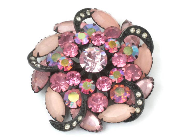 Pink Rhinestone Pinwheel Brooch AB Frosted Stones Japanned Finish Dimensional Vintage