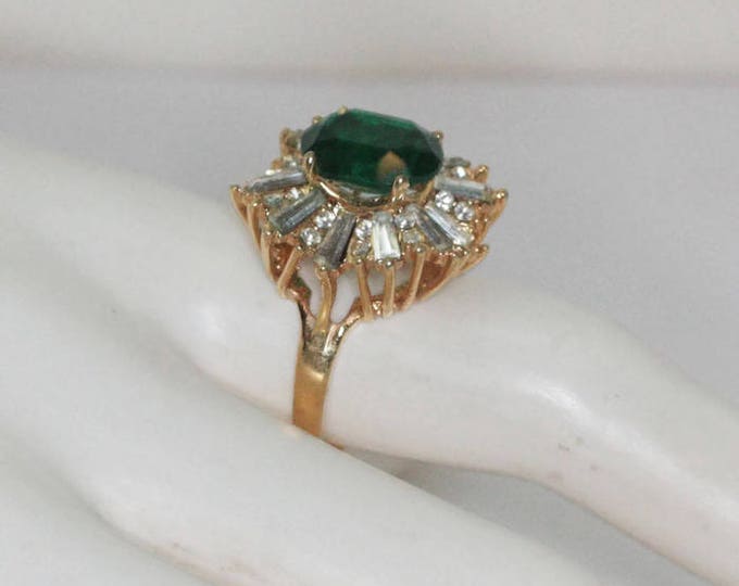 Simulated Emerald Dinner Ring 18KGE Clear CZ Baguettes Chatons Ballerina Setting Size 8 Plus Vintage
