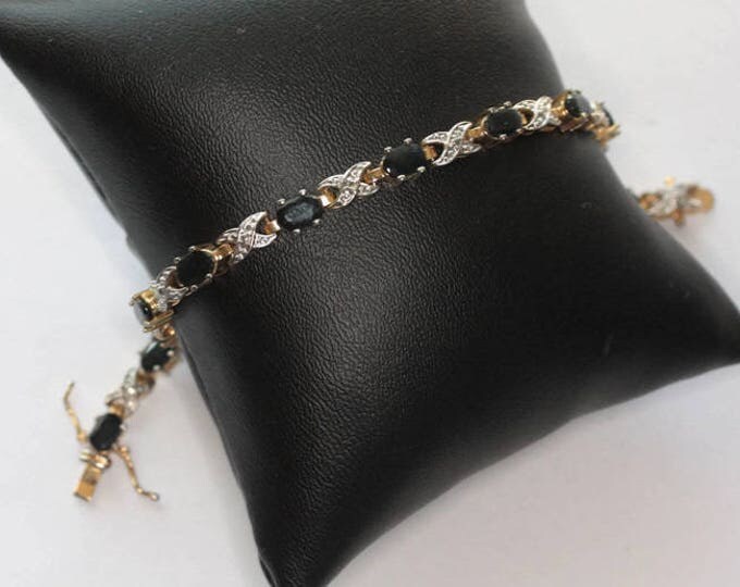 Dark Blue Gemstone Tennis Bracelet Clear Gemstone Accents Signed China