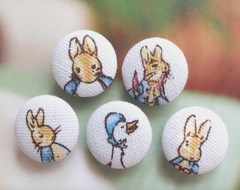 British Storybook Fairy Tale Forest Woods Peter Rabbit Bunny Mother Goose Friends-Handmade Fabric Covered Buttons(0.75/0.87 Inches, 5PCS)
