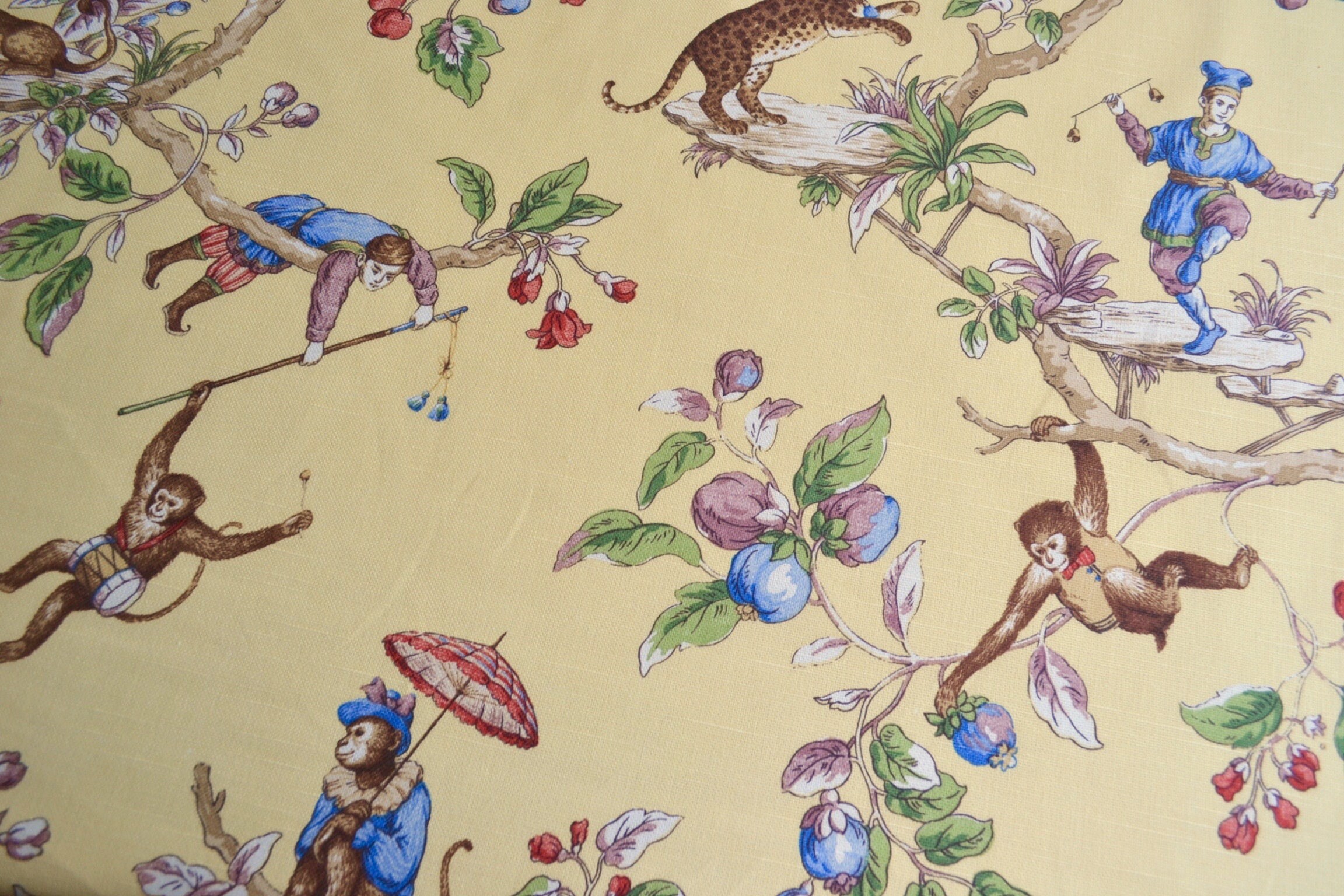 Kaufmann Fabric Chinoiserie Monkey Leopard Toile on Yellow