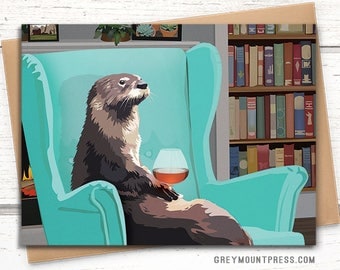 Otter greeting card. Blank otter card. Card with otter holding brandy snifter. Funny birthday card. Funny greeting card.