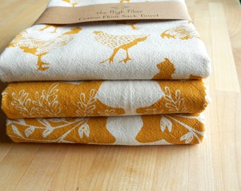 Tea Towel, Hand Printed, Mustard Farm Prints, 3 Natural Cotton Towels, LIMITED