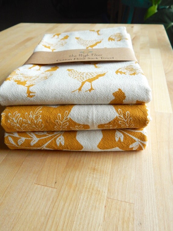 Tea Towel Hand Printed Mustard Farm Prints 3 Natural Cotton