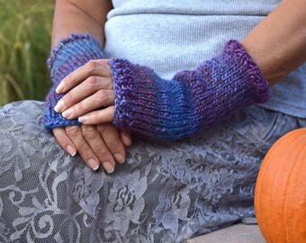 Knit arm warmers variegated colors purple shades wool acrylic fingerless gloves mittens gift for her girlfriend gift sister gift Christmas