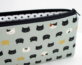 Long Zipper Pencil Pouch, Cat Faces,Cute Japanese Metallic, Gray Zippered Bag