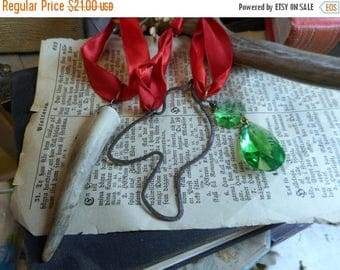 SALE Rustic Christmas Ornaments Genuine Deer Antler Vintage Kelly Green Chandelier Crystal & rusty Bird frame silhouette all on Red satin ri