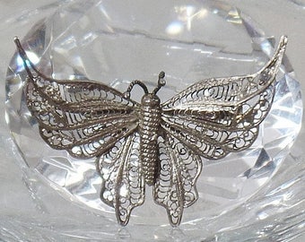 SALE Antique Victorian Cannetille Silver Butterfly Brooch. Vintage Silver Filigree Butterfly Pin.
