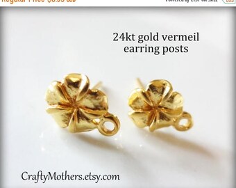 8% off SHOP-WIDE, ONE Pair Bali 24kt Gold Vermeil Plumeria Flower Earring Posts, 10mm x 7.6mm, 2 pcs, Artisan-made