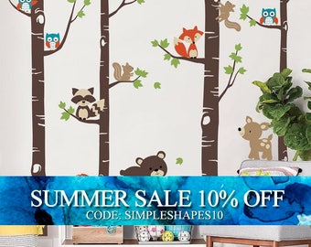 Birch Trees with Cute Forest Animals, Woodland Nursery Wall Decal, Birch Tree Wall Decal, Nursery Decor, Forest Friends Decal Set