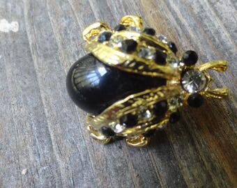 Vintage LADYBUG BROOCH Black and White Rhinestone Beauty