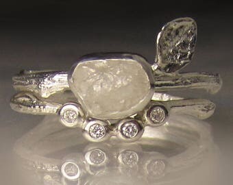 White Raw Diamond Engagement Ring, Rough Diamond Wedding Set, Uncut Diamond Twig Ring