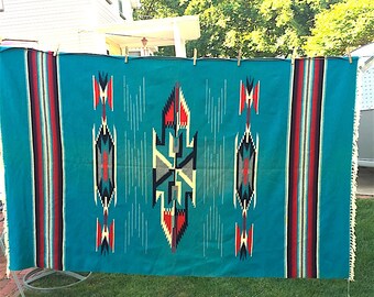 Vintage Mexican Blanket, Throw, stripe, wool, Indian Trading Post, Turquoise, black, red