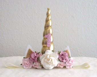 First Birthday Unicorn Headband - Dusty Pink - Ivory - White - Gold - Pink Flowers - Second Birthday - Number 1 - Number 2