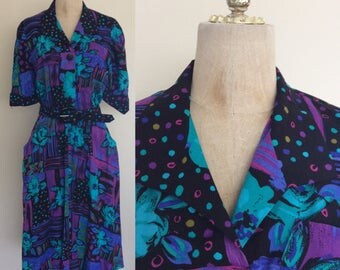 1980's Abstract Floral & Polka Dot Shirtwaist Dress with Pockets Size Medium Large by Maeberry Vintage