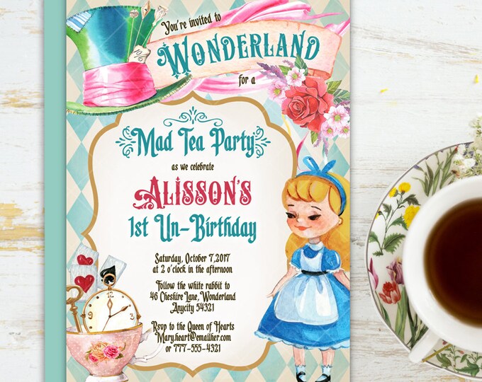 Alice in Wonderland Tea Party Bridal Shower Invitation, Mad Hatter Tea Party Bridal Shower Printable Invitation 6v.2