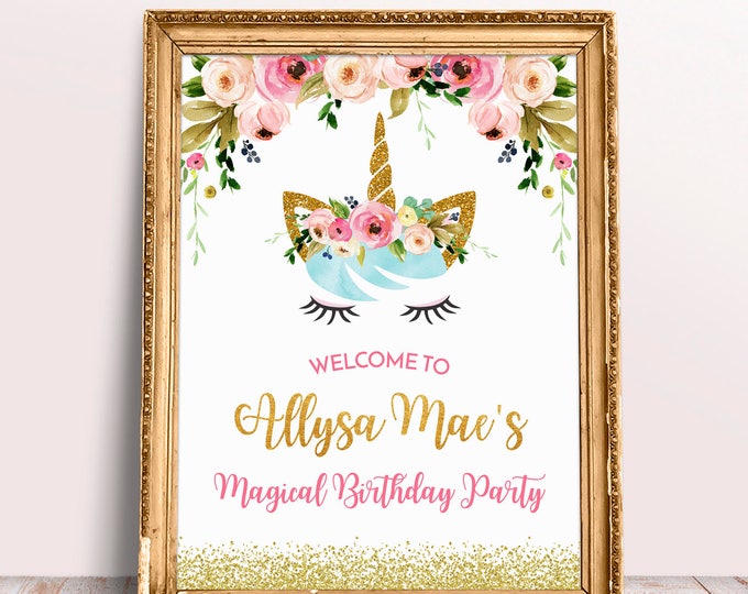 Unicorn Welcome Party Sign, Floral Unicorn