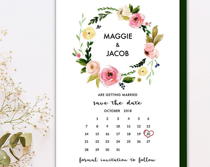 Spring Floral Wreath Save the Date Invitation, Pink Peach Yellow Spring Floral Calendar Type Save the Date Wedding Printable Card