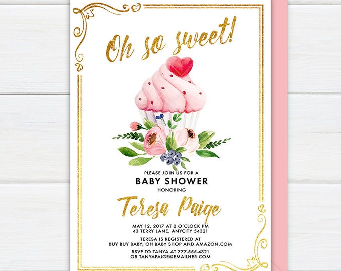 Cupcake Baby Shower Invitation, Oh So Sweet Dainty Pink and Gold Glitter Floral and Cupcake Girl Baby Shower Party Printable Invitation