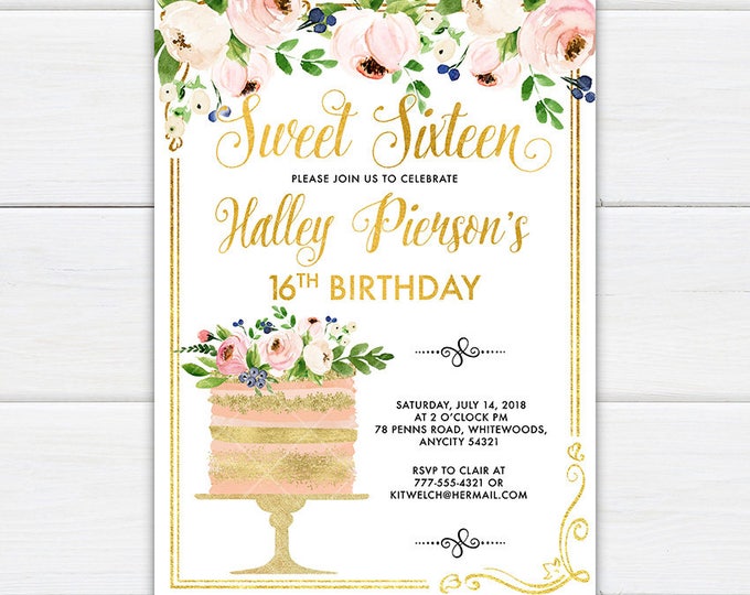Sweet Sixteen Cake Invitation, Sweet Dainty Blush Pink and Gold Glitter Floral and Cake Sweet Sixteen Quinceanera Birthday Party Invitation