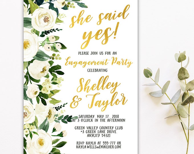 Dainty White Watercolor Flowers and Gold Engagement Party Invitation, Wedding Celebration, Pre-wedding Party Printable Invitation