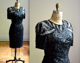 SALE Vintage Black Sequin Dress Size Medium// VIntage Sequin and Beaded Dress Size Medium Flapper Style Art Deco