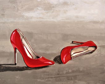 CINDERELLA, Red Shoes High Heels, Paris, Haute-couture Fashion, Fatal Woman, louboutin,Original Painting, 16x20, Free Shipping in USA.