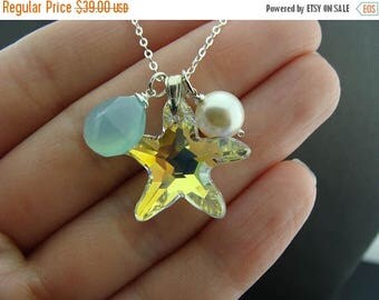 Swarovski Crystal Starfish Aqua Blue Chalcedony Sterling Silver Beach Necklace