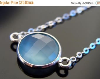 Bezel Set Sky Blue Chalcedony Sterling Silver Link Necklace