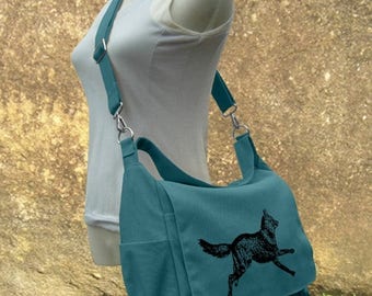On Sale 20% off Teal green travel messenger bag with screen print, school bag for girls and boys, womens shoulder bag