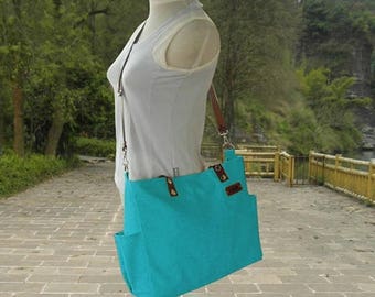 On Sale 20% off Turquoise canvas travel messenger bag, tote bag with name tag, messenger bags for women, leather strap shoulder bag, school