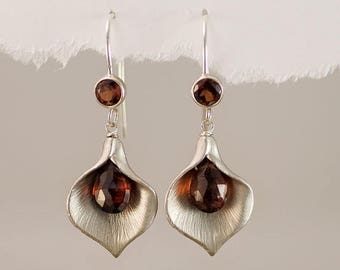 SALE - Garnet Earrings - January Birthstone Earrings - Calla Lily Earrings - Silver Earrings - Nature Inspired Jewelry