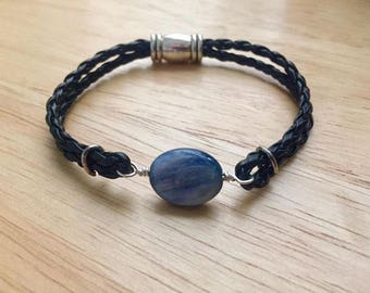 Braided Black Leather Bracelet with Kyanite Focal and Magnetic Barrel Clasp
