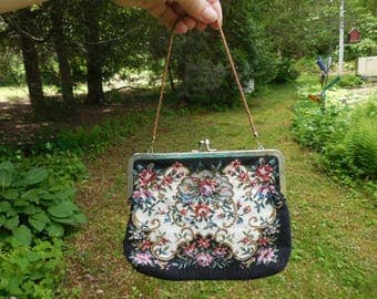 Vintage 1950s to 1970s Black Tapestry Flowers Gold Tone Handle/Chain Not Perfect Pink/Orange/Red Retro Small Clutch/Handbag/Purse Kiss Lock