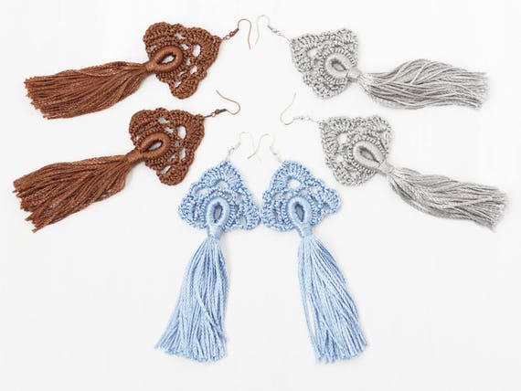 Tassel Earrings Crochet Jewelry Long Dangling Earrings Blue 6757