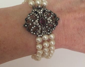 Pearl bracelet Three Strand Sterling Clasp