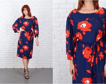 Vintage 70s Navy Blue Mod Dress Red Floral Print A Line 3X 9668