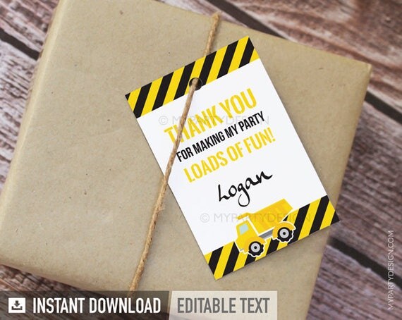 Construction Party Thank You Tags - Labels - Truck Party - Boy Birthday Party - White - INSTANT DOWNLOAD - Printable PDF with Editable Text Il_570xn